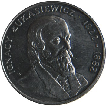 Rewers monety 50-złotowej z 1983 roku dedykowanej Ignacemu Łukasiewiczowi